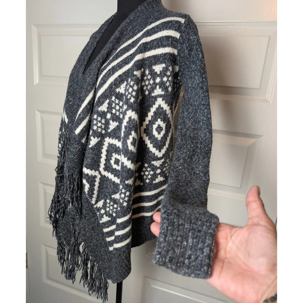Hollister Gray Aztec Sweater Size S Open Front Cardigan Tassels Southwestern
